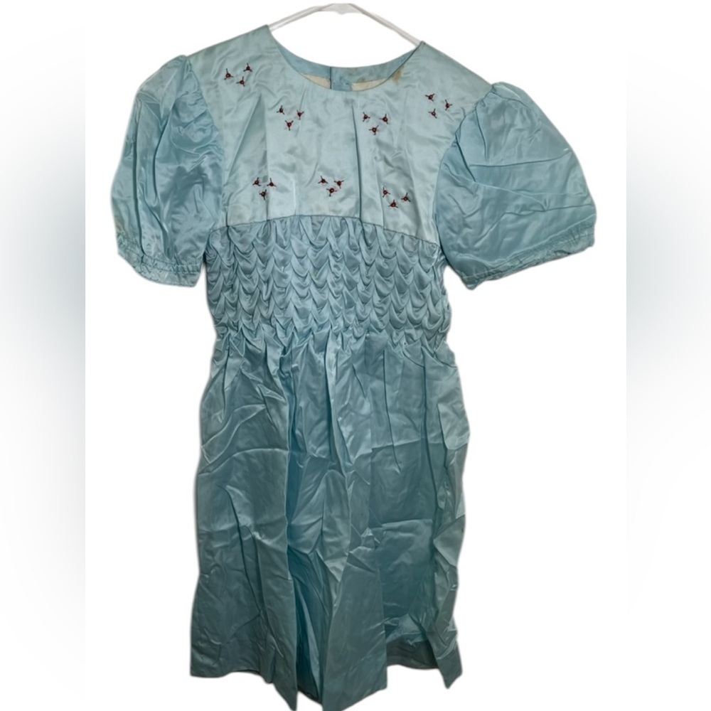 Vintage Girls Dress Light Blue Satin Pleated Puff Sleeve Embroidered Red Floral